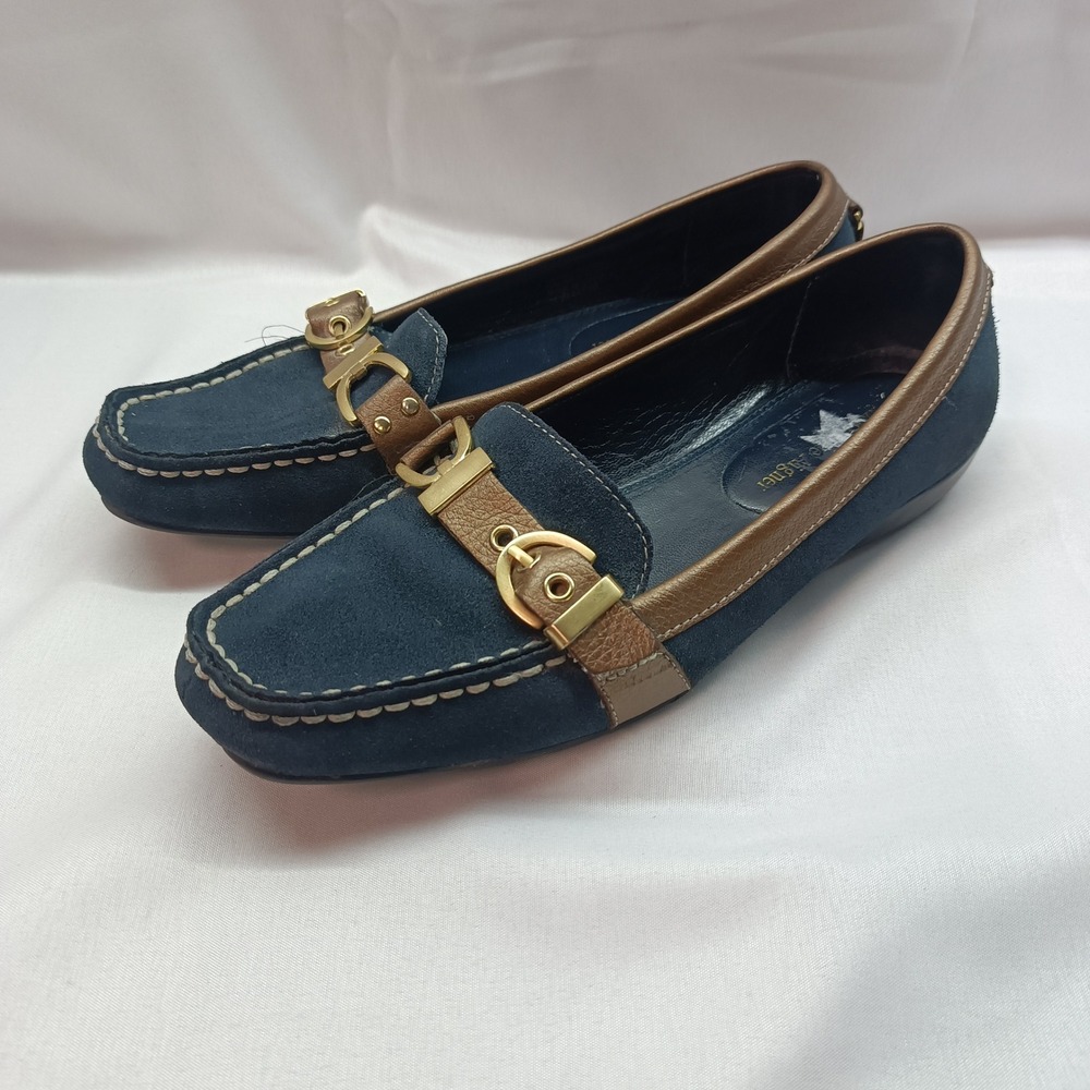 Etienne Aigner Tempest Navy Blue Suede Bronze Leather Horsebit Loafers Womens 6M